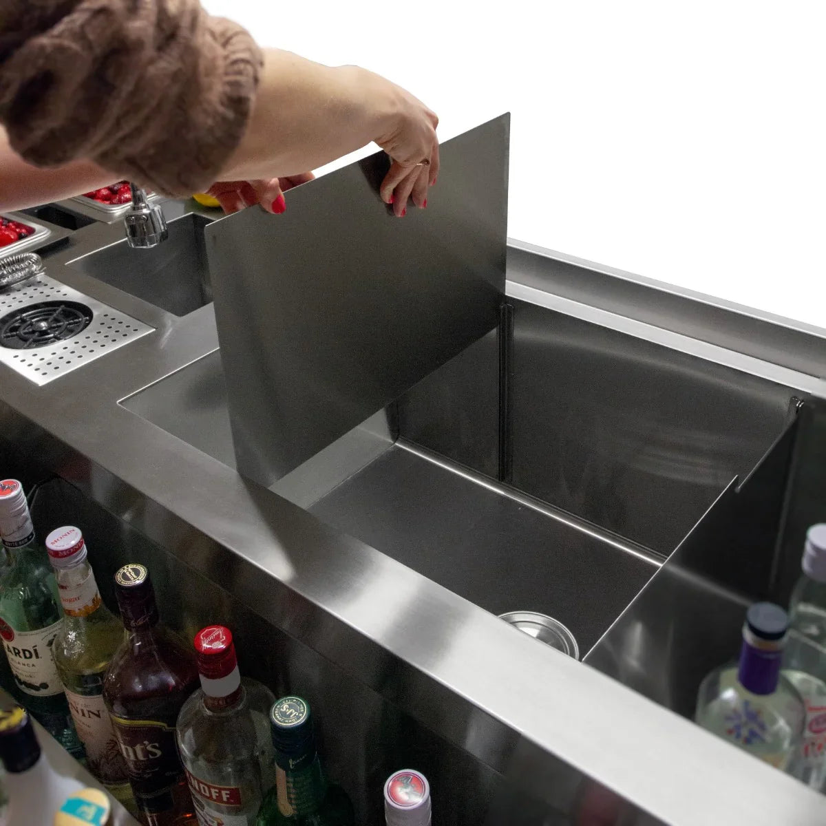 Stainless steel KuKoo Double Cocktail Bar Station with a removable divider, showcasing a spacious sink and organized bottle storage