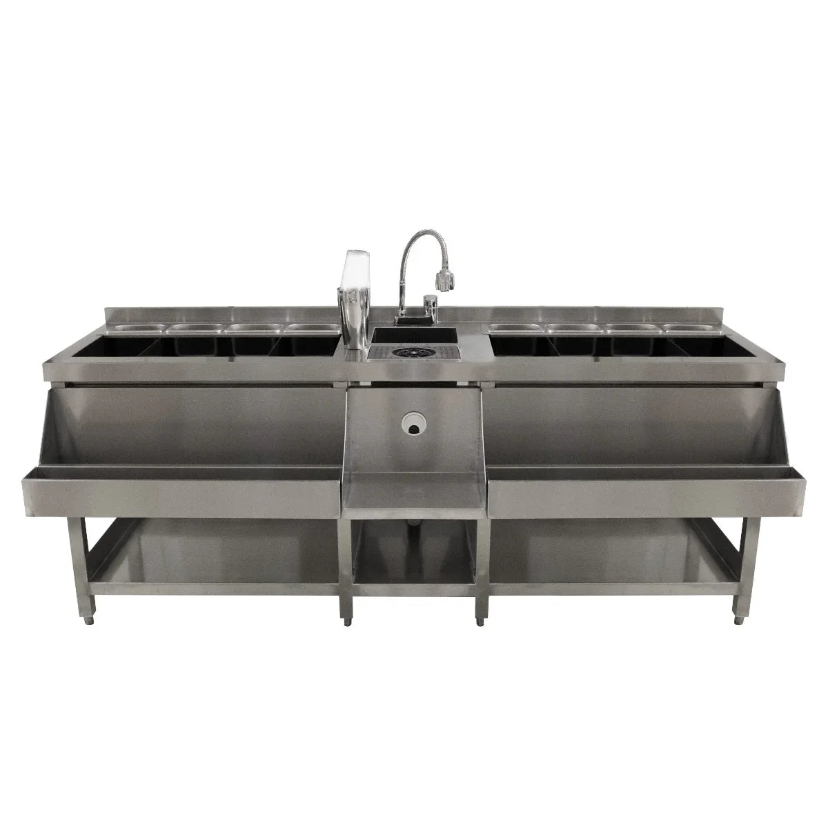 Stainless steel KuKoo Double Cocktail Bar Station with multiple compartments, a central sink, and a sleek, modern design