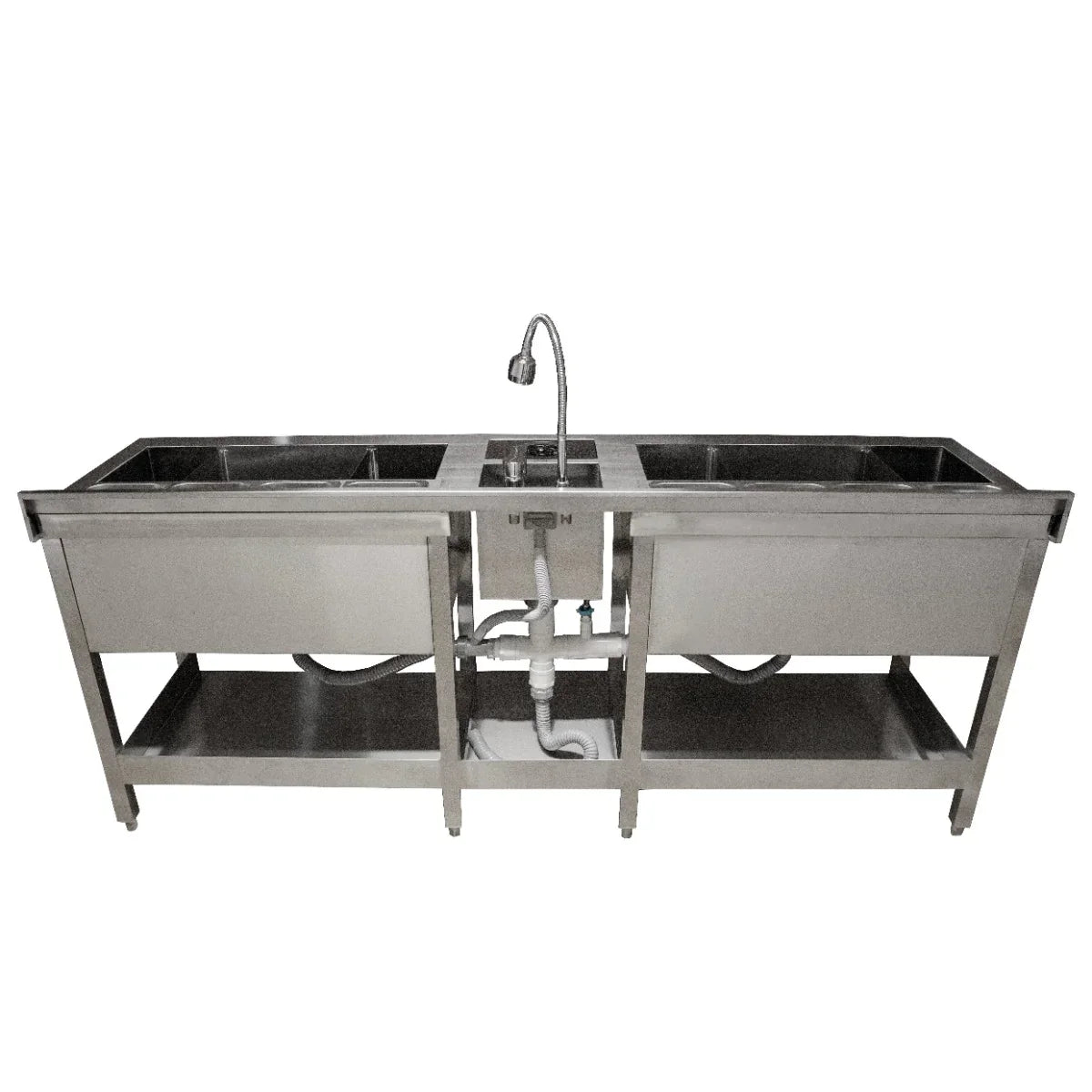 Stainless steel KuKoo Double Cocktail Bar Station with two deep sinks, a central faucet, and a sturdy lower shelf for storage