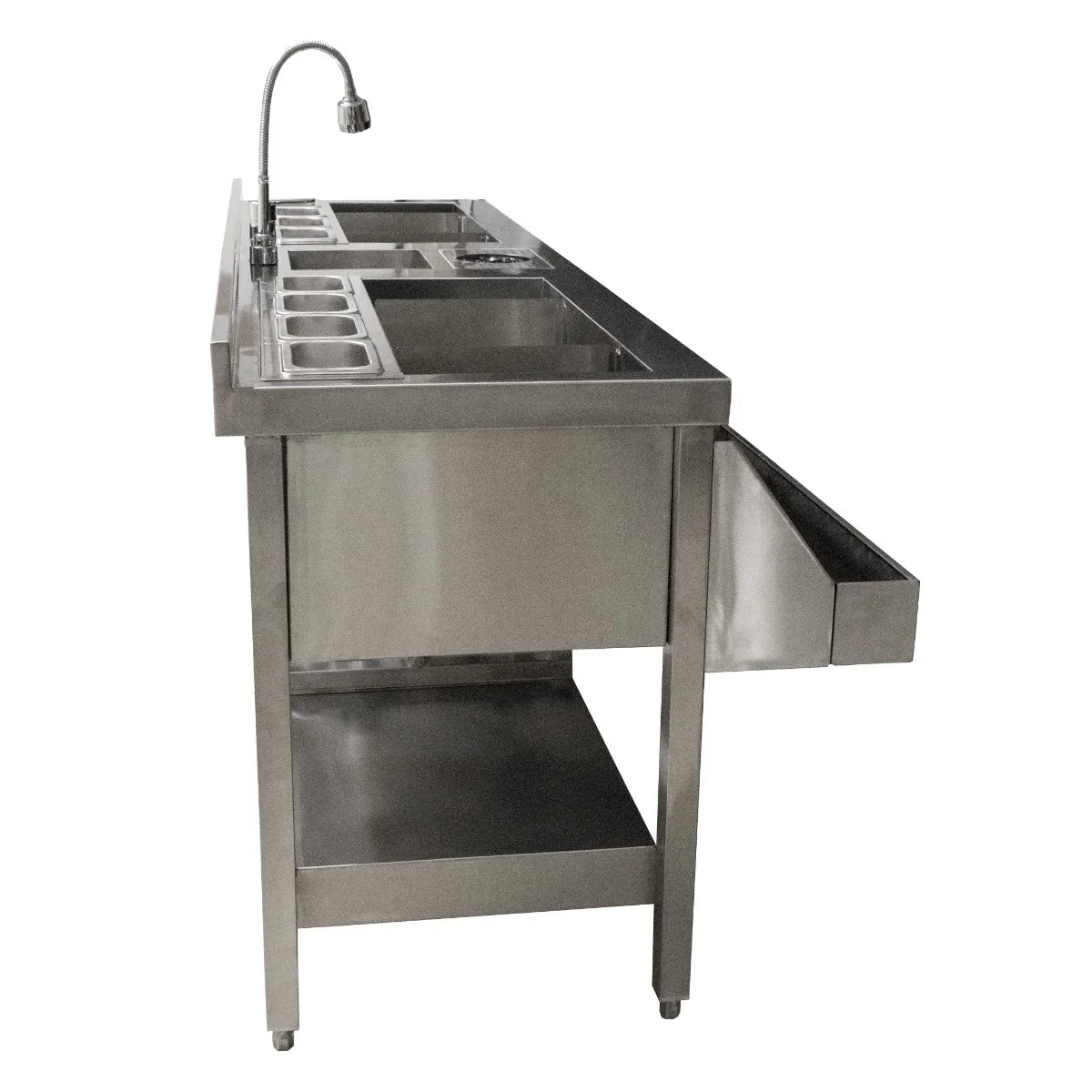 Stainless steel KuKoo Double Cocktail Bar Station with two sinks, a faucet, and a spacious drawer for storage and organization