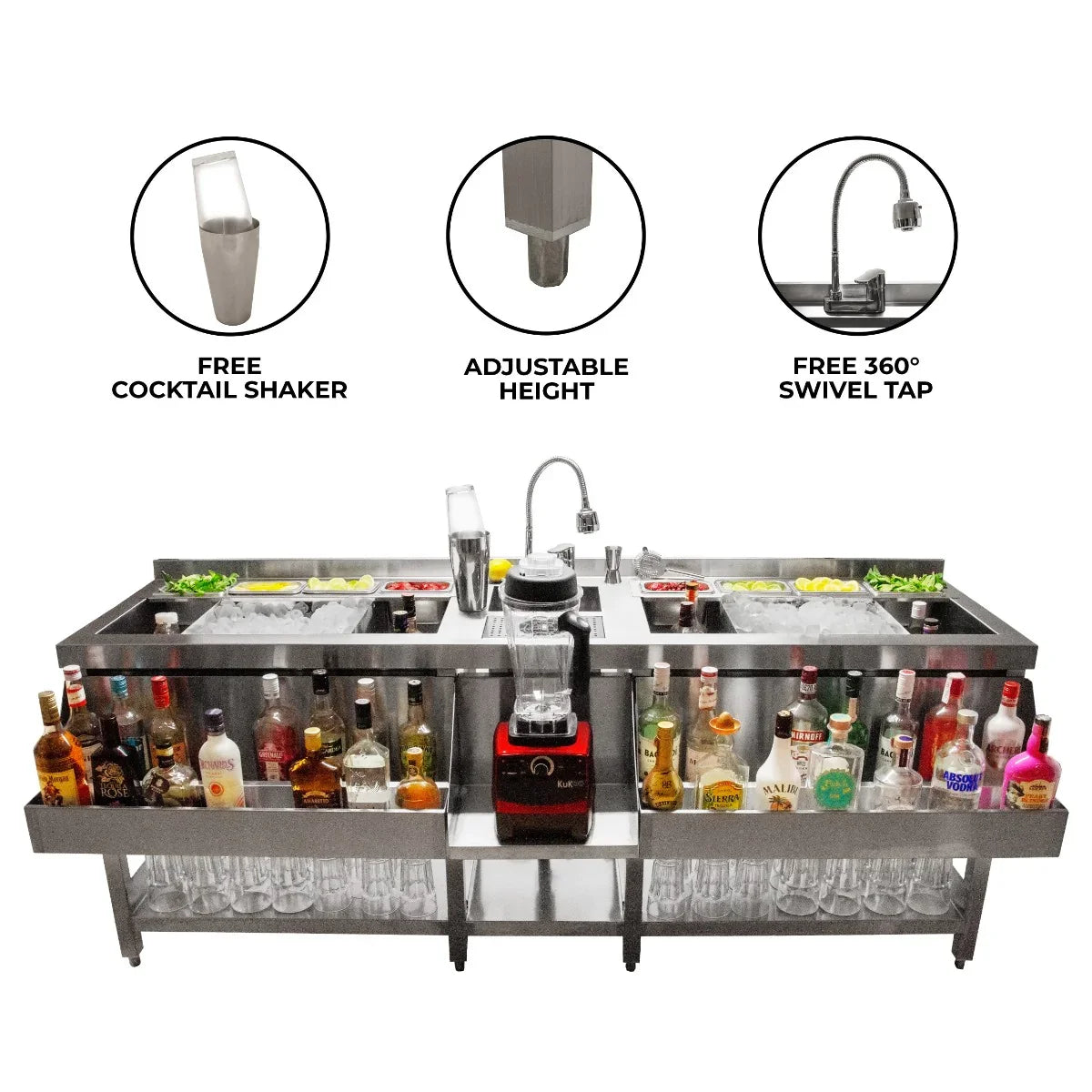KuKoo Double Cocktail Bar Station with adjustable height, stainless steel finish, and integrated 360° swivel tap for easy mixing