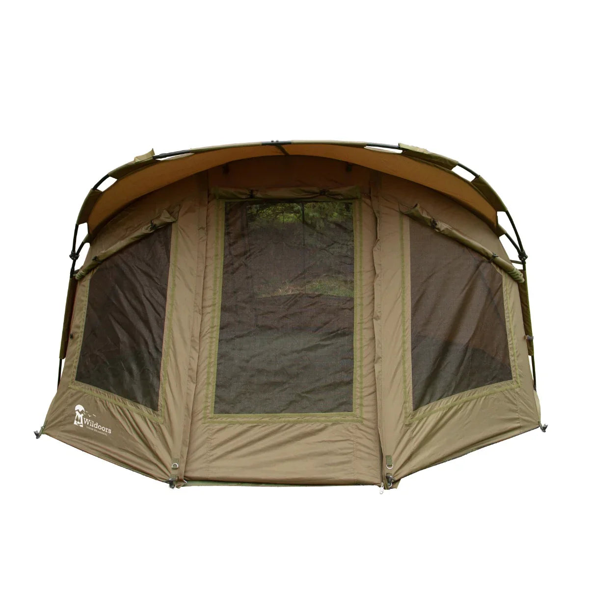 Two-man fishing bivvy in olive green with large mesh windows, sturdy frame, and spacious design for outdoor comfort