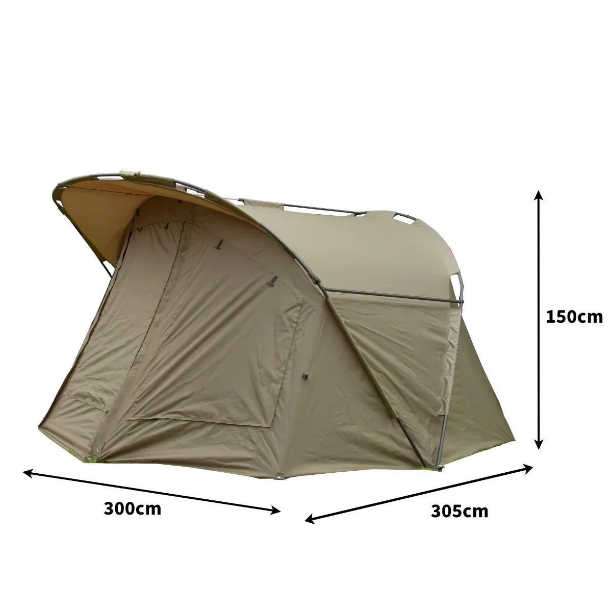 Two-man fishing bivvy in olive green, featuring a spacious design with a peaked roof, measuring 300cm x 305cm x 150cm