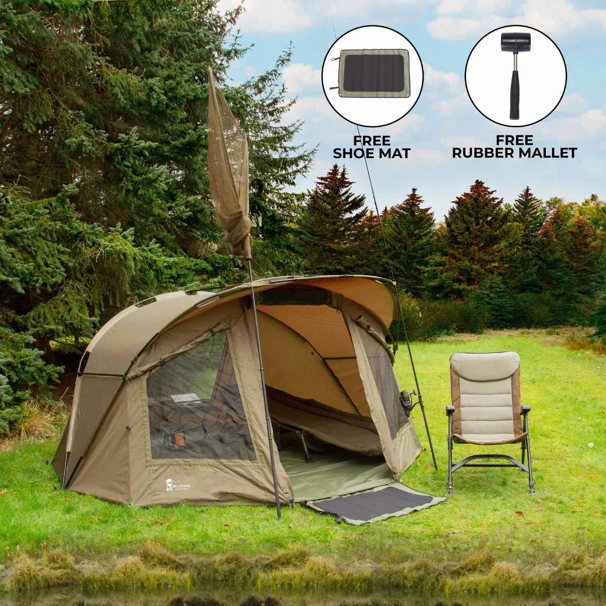 Two-man fishing bivvy in olive green, featuring a spacious interior, large mesh windows, and a free shoe mat and rubber mallet included