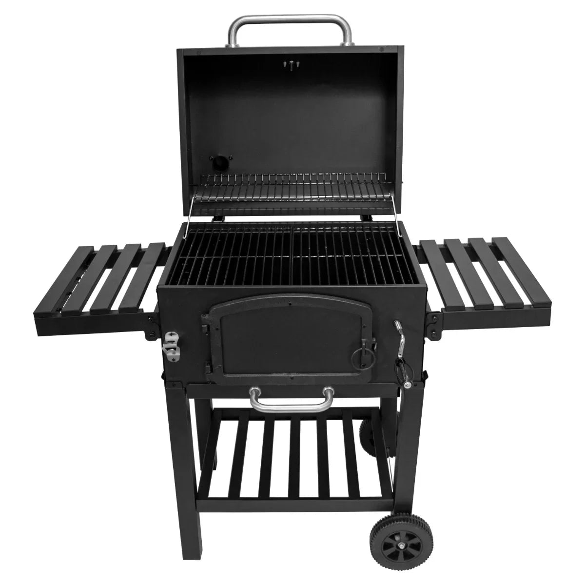 XL BBQ Smoker in sleek black metal with an open lid, adjustable side shelves, and a sturdy cart for outdoor grilling and smoking