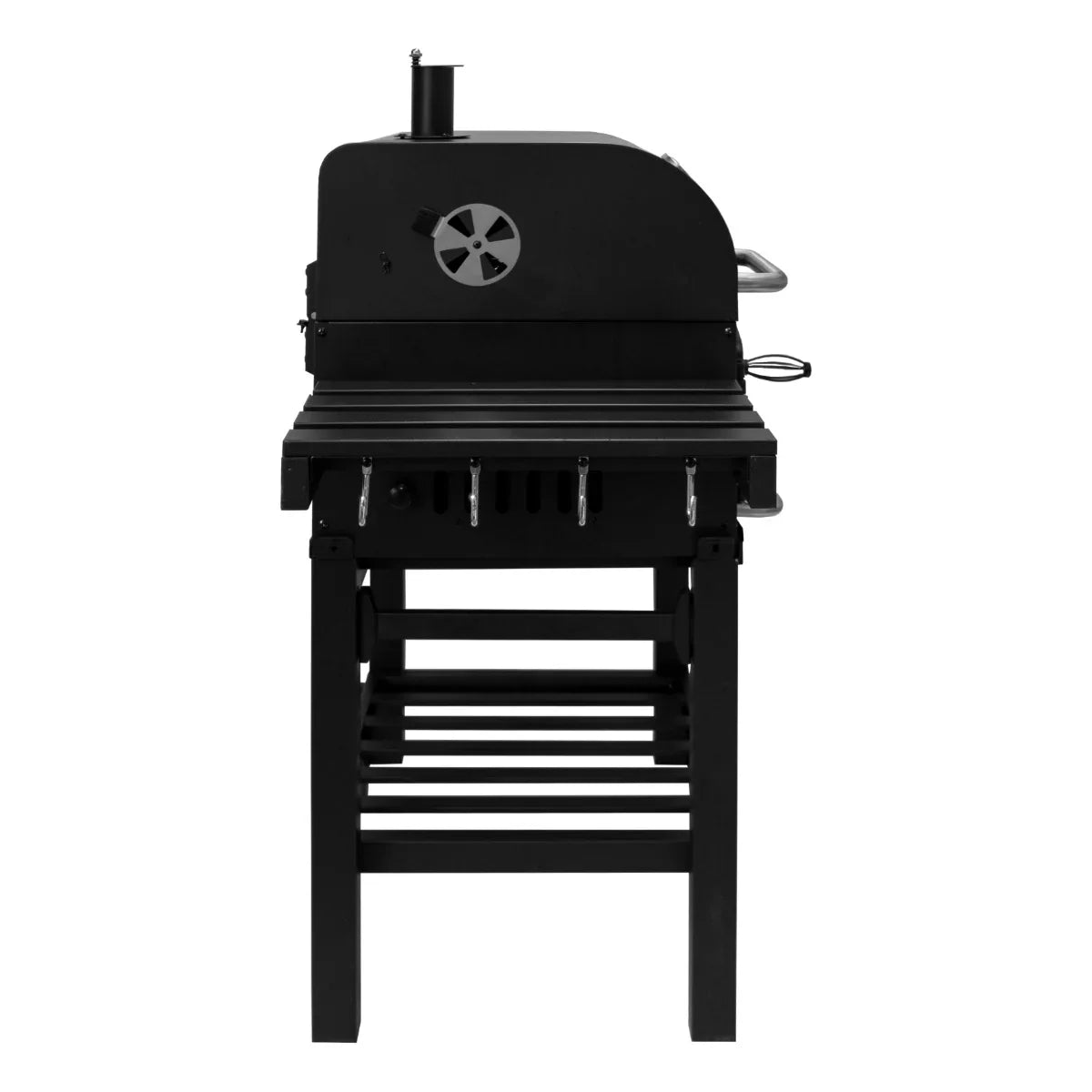 XL BBQ smoker in sleek black metal with a sturdy frame, featuring a large cooking surface and adjustable chimney for optimal airflow