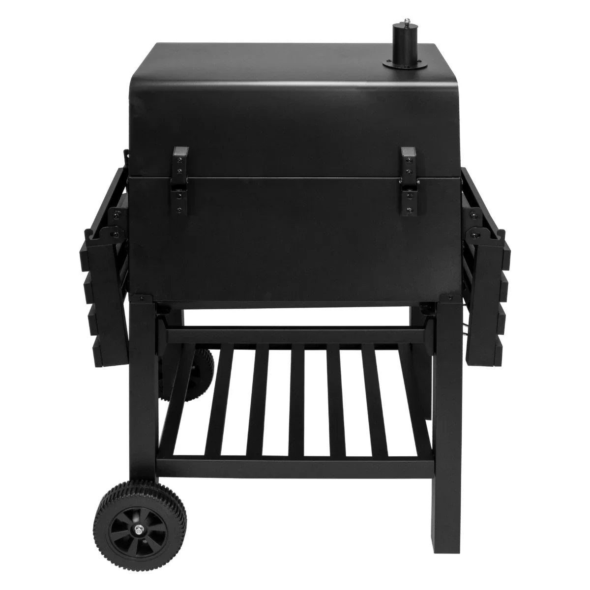 XL BBQ smoker in sleek black metal, featuring a sturdy cart with wheels, side shelves, and a spacious cooking chamber for outdoor grilling