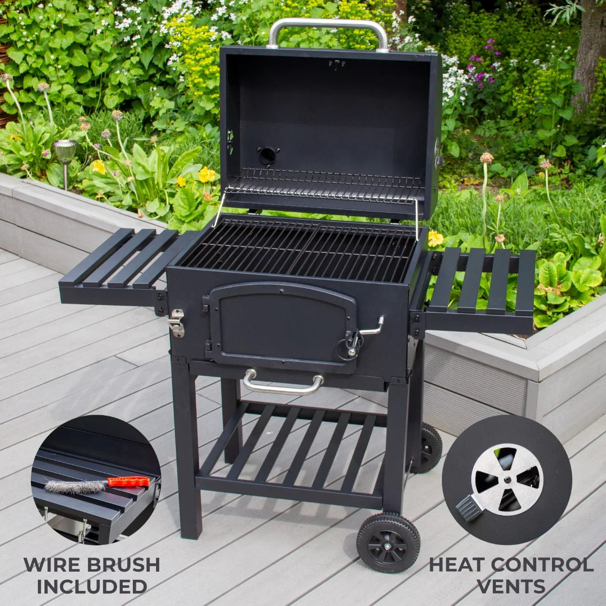 XL BBQ smoker with a black finish, dual side shelves, heat control vents, and a wire brush included for easy cleaning