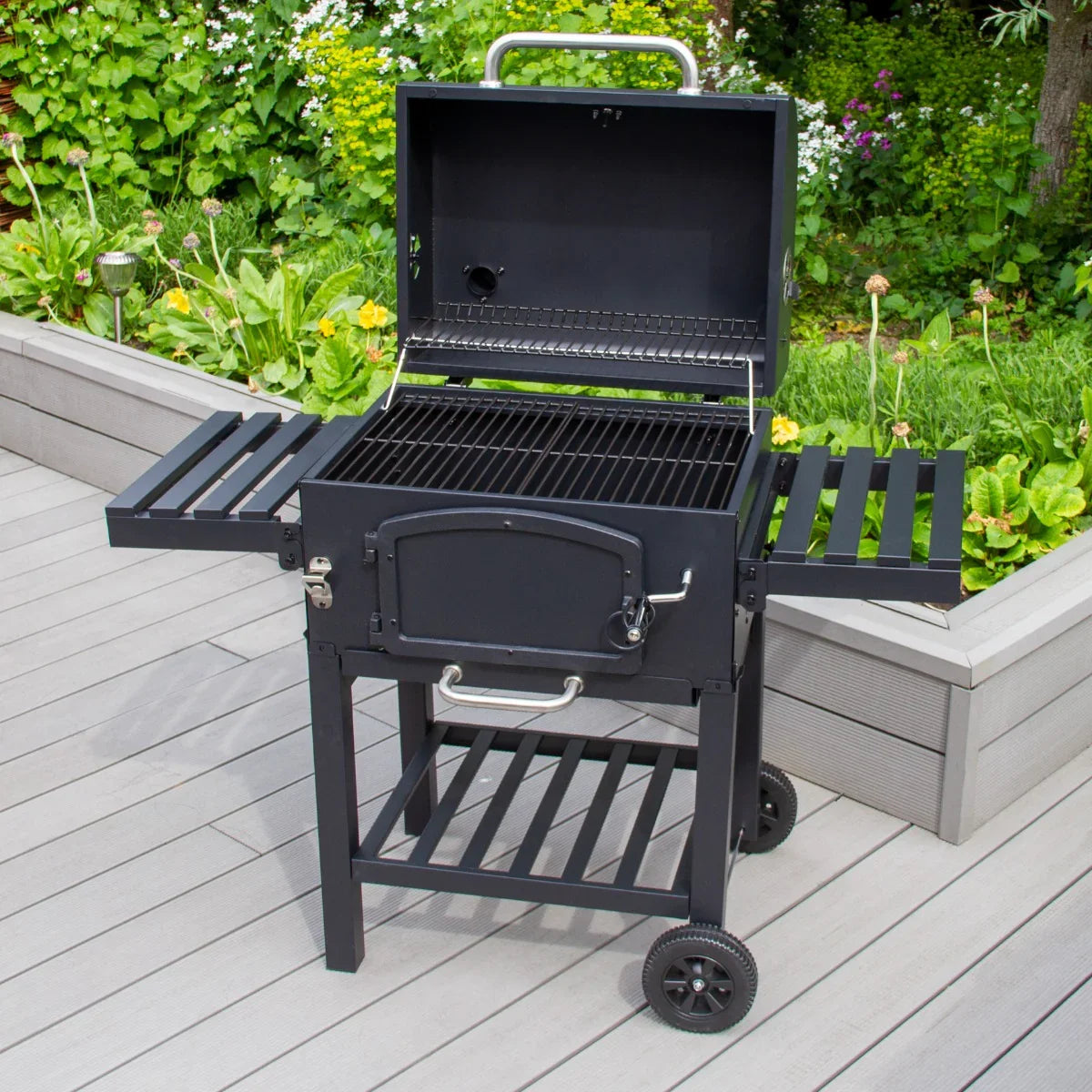 XL BBQ smoker in sleek black with a spacious grilling area, foldable side shelves, and sturdy wheels for easy mobility