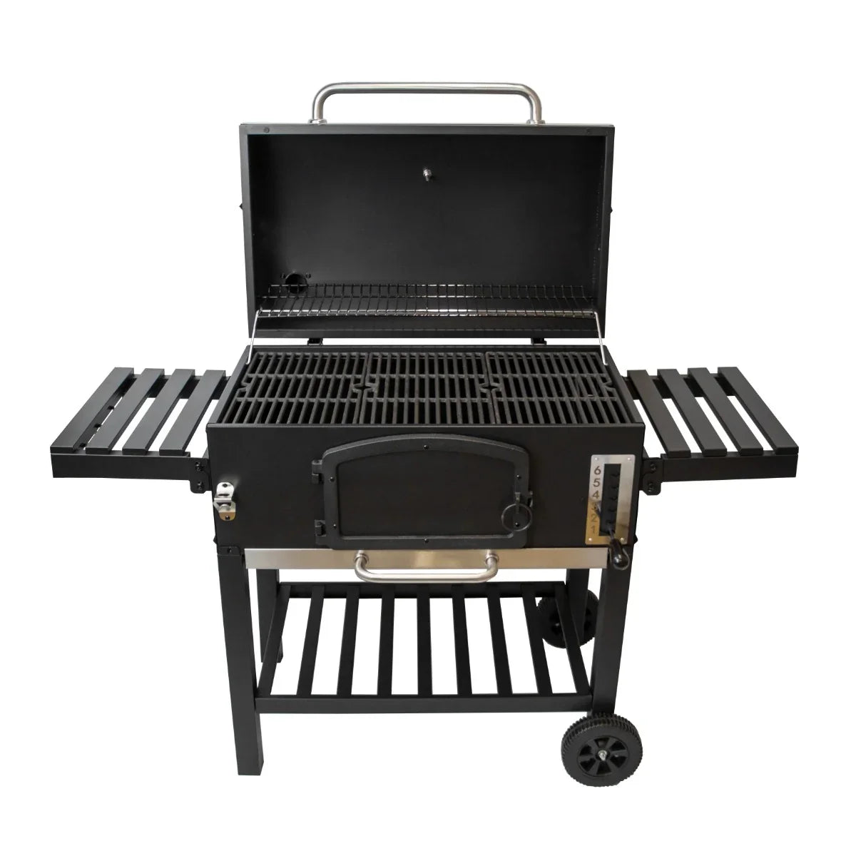 XXL BBQ smoker with a sleek black finish, spacious grilling area, adjustable vents, and foldable side shelves for easy access