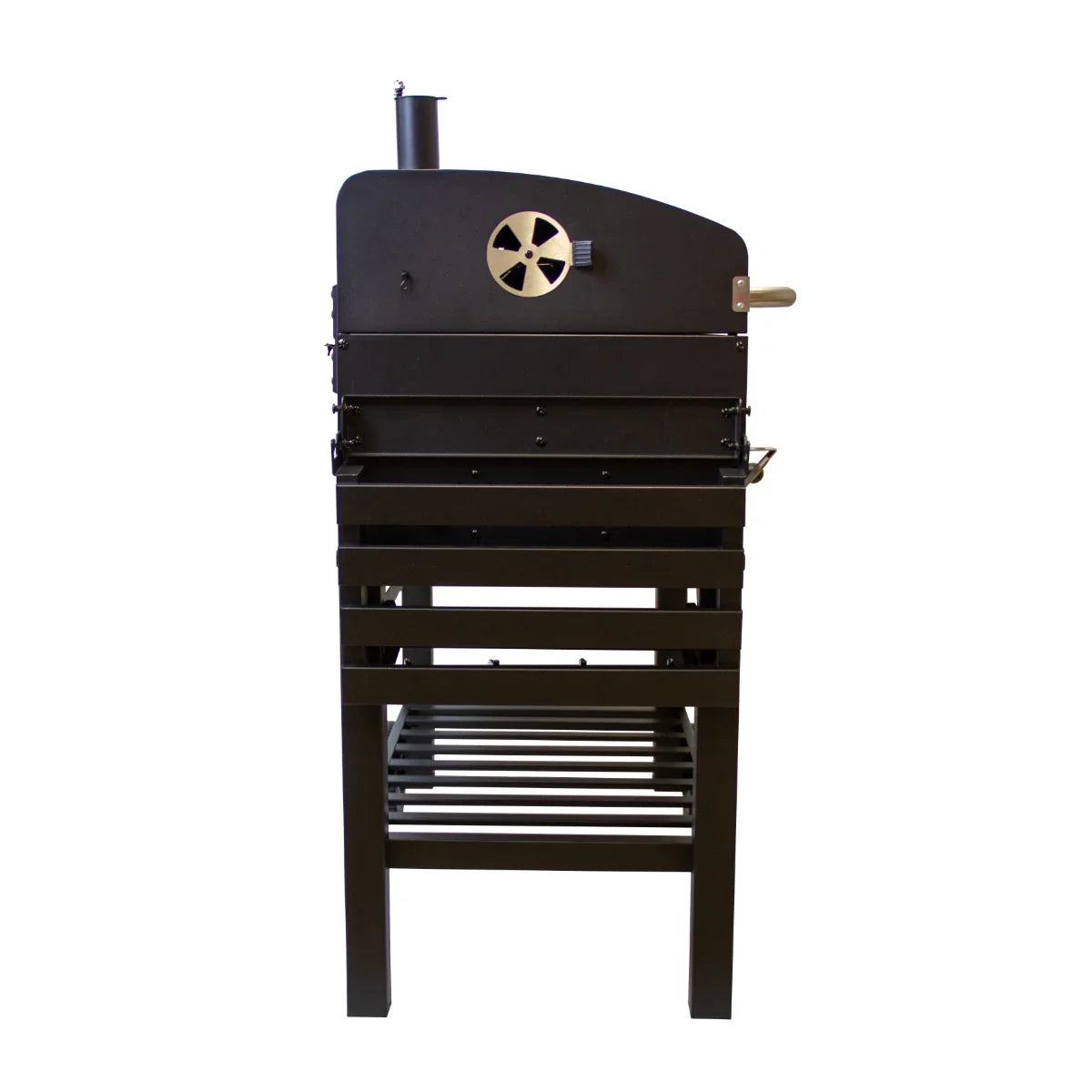 XXL BBQ smoker in sleek black metal with a large cooking chamber, side vent, and sturdy wooden legs for outdoor grilling adventures