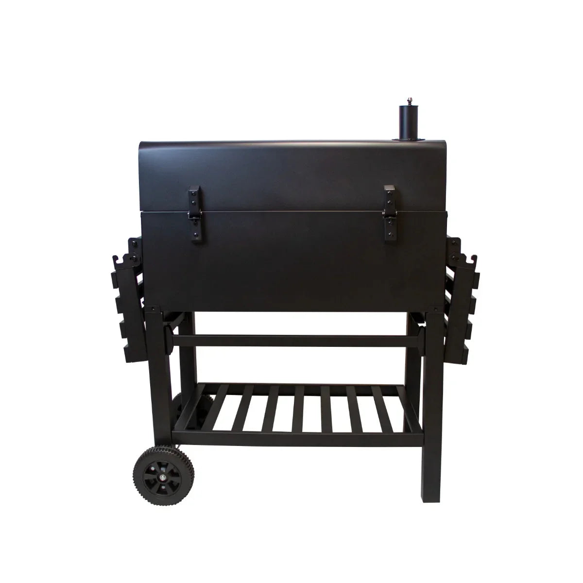 XXL BBQ smoker with a sleek black finish, sturdy metal construction, side shelves for utensils, and durable wheels for easy mobility
