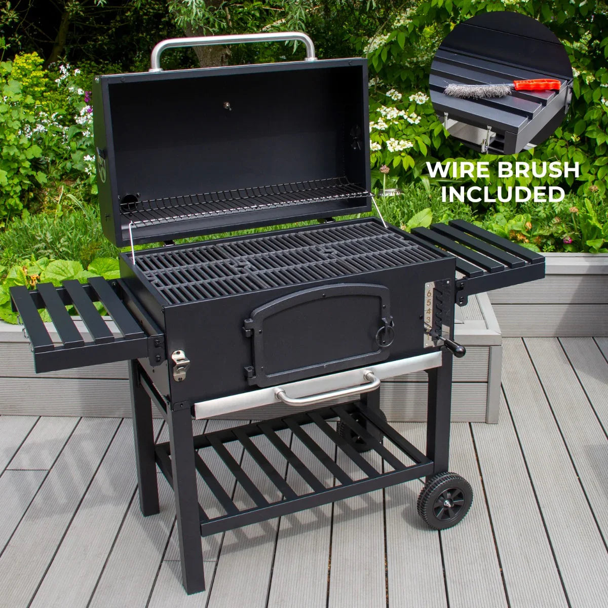 XXL BBQ smoker with a sleek black finish, spacious grilling area, and side shelves; includes a wire brush for easy cleaning