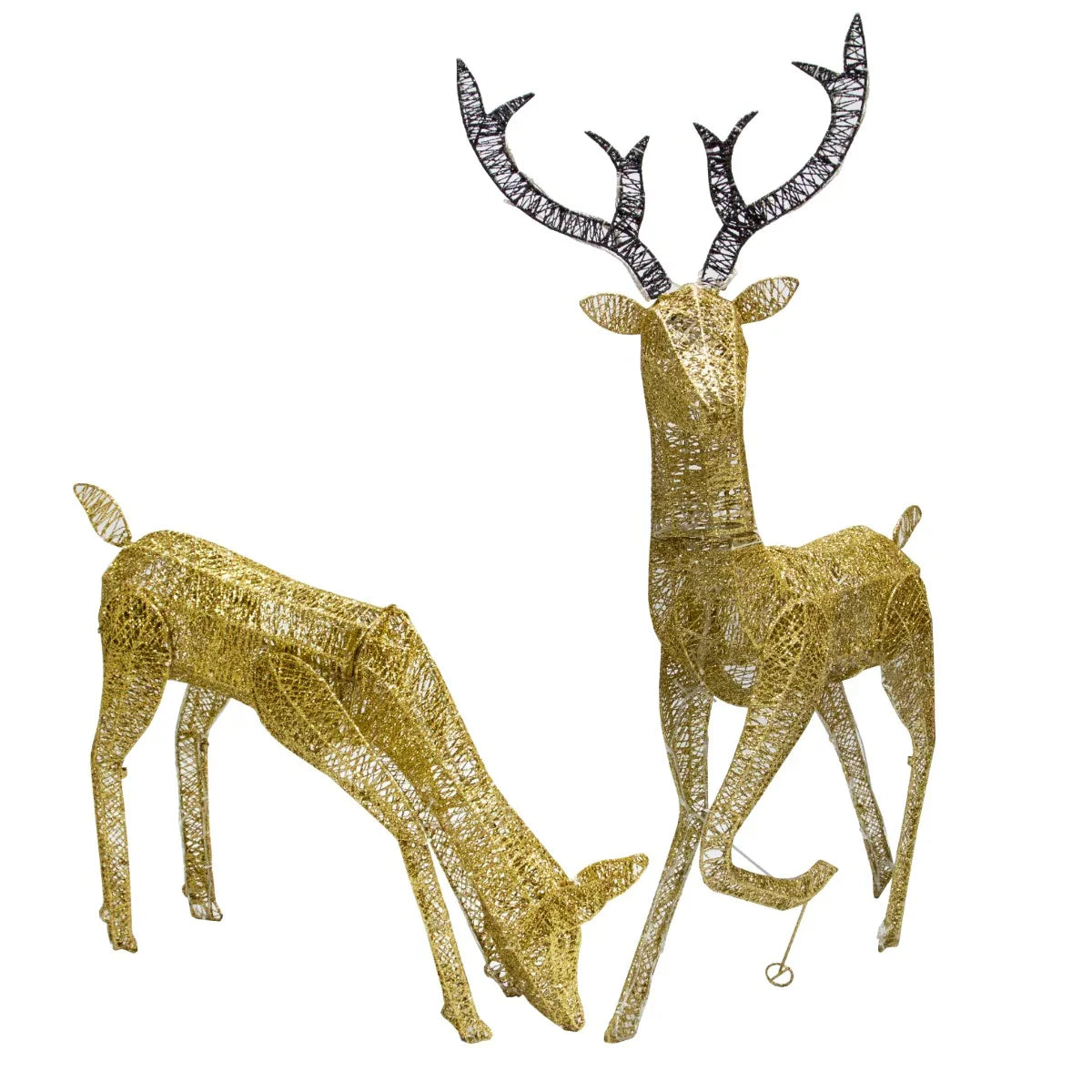 Gold stag and doe reindeer set with intricate wire design, illuminated for a festive touch, perfect for holiday decor