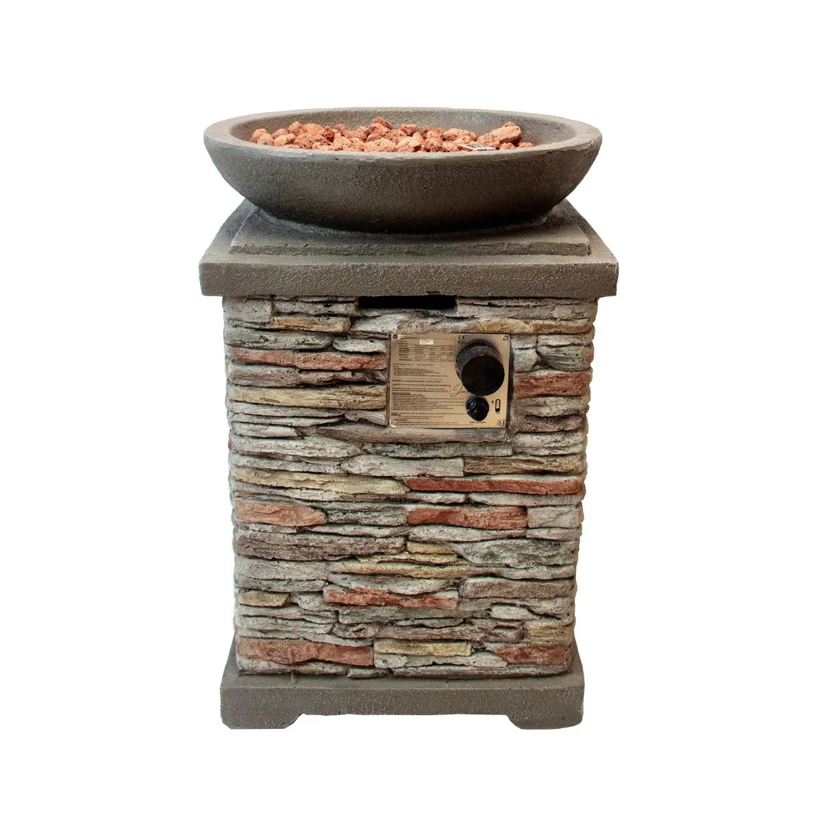 Stone gas fire pit heater with a textured stone base, round bowl top, and decorative lava rocks for outdoor warmth and ambiance