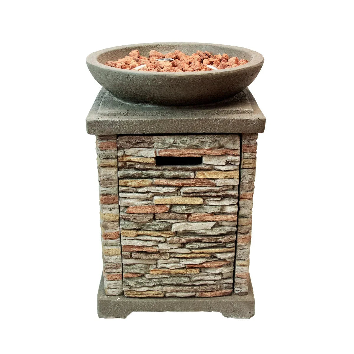 Stone gas fire pit heater with a textured stone base, round bowl top filled with decorative rocks, perfect for outdoor gatherings