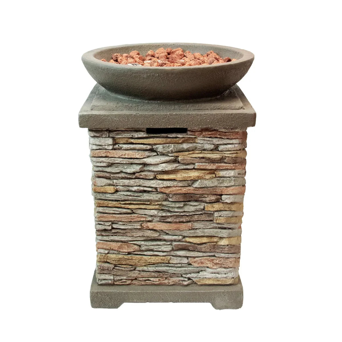 Stone gas fire pit heater with a textured stone base and a round bowl top filled with decorative rocks, perfect for outdoor gatherings