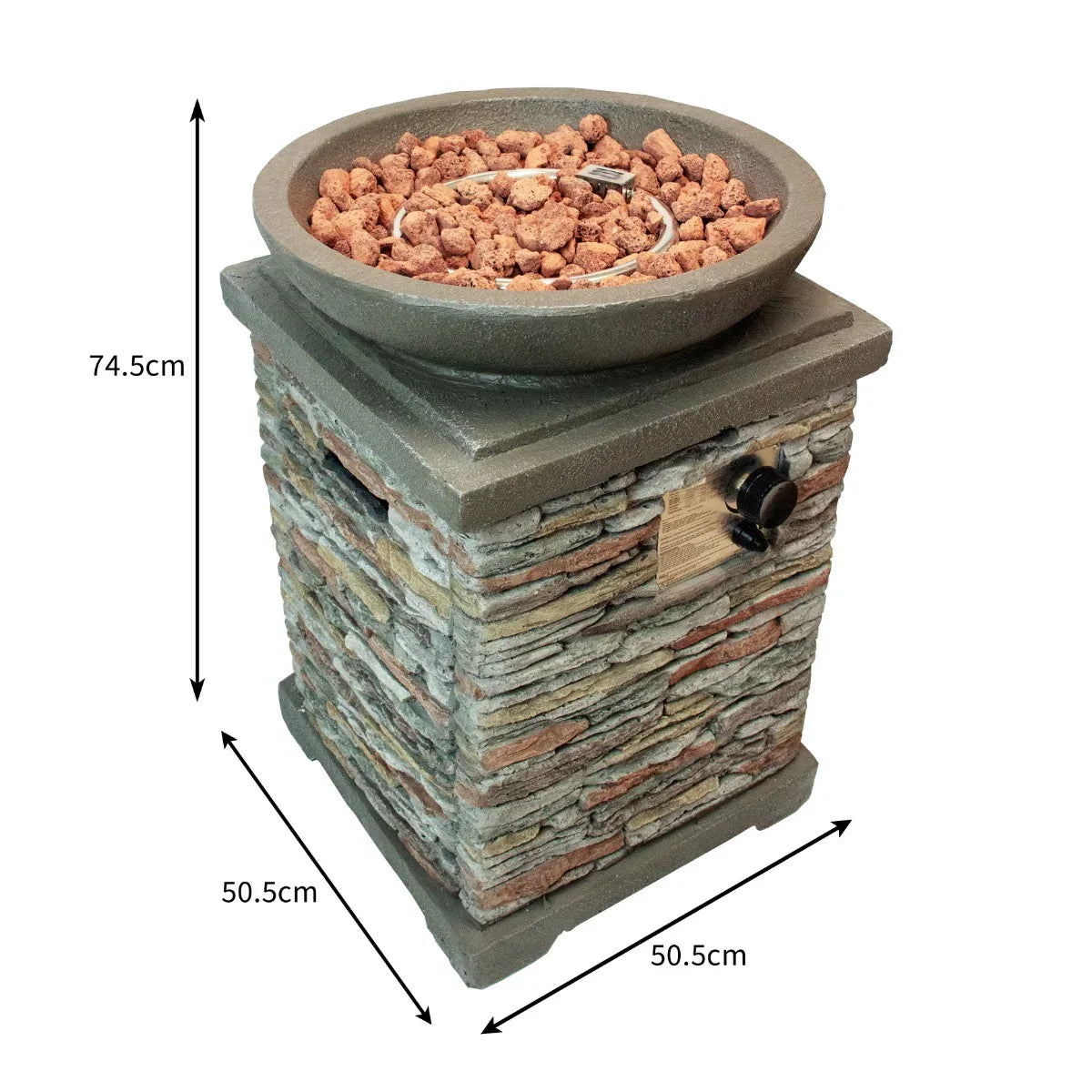 Stone gas fire pit heater with a textured stone base, circular bowl filled with decorative rocks, and adjustable control knob