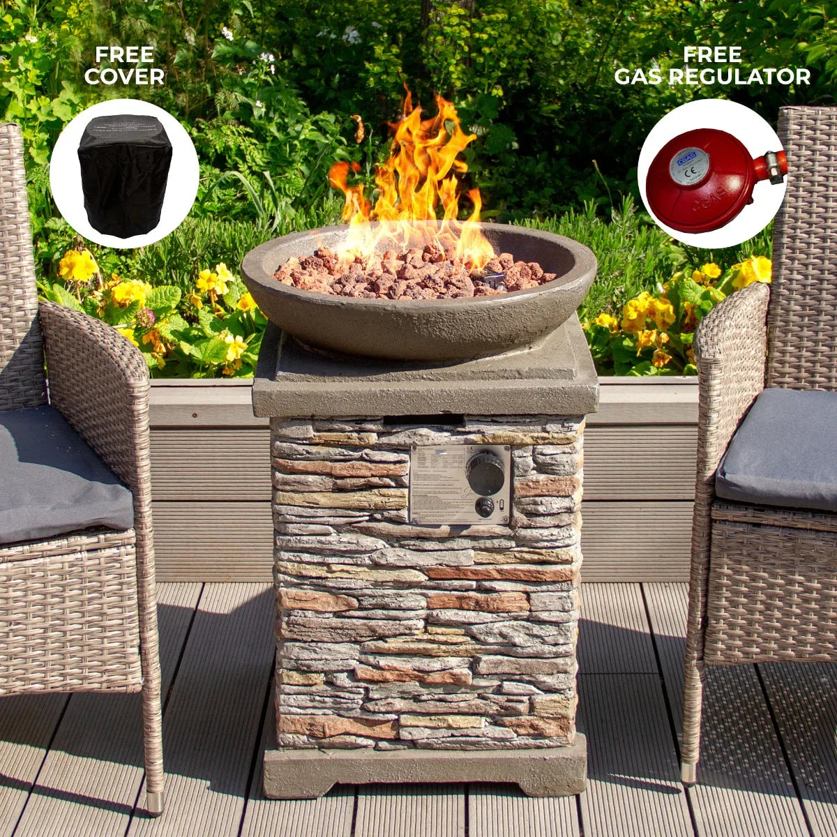 Stone gas fire pit heater with a round bowl, textured stone base, vibrant flames, and included cover and gas regulator, set in a garden