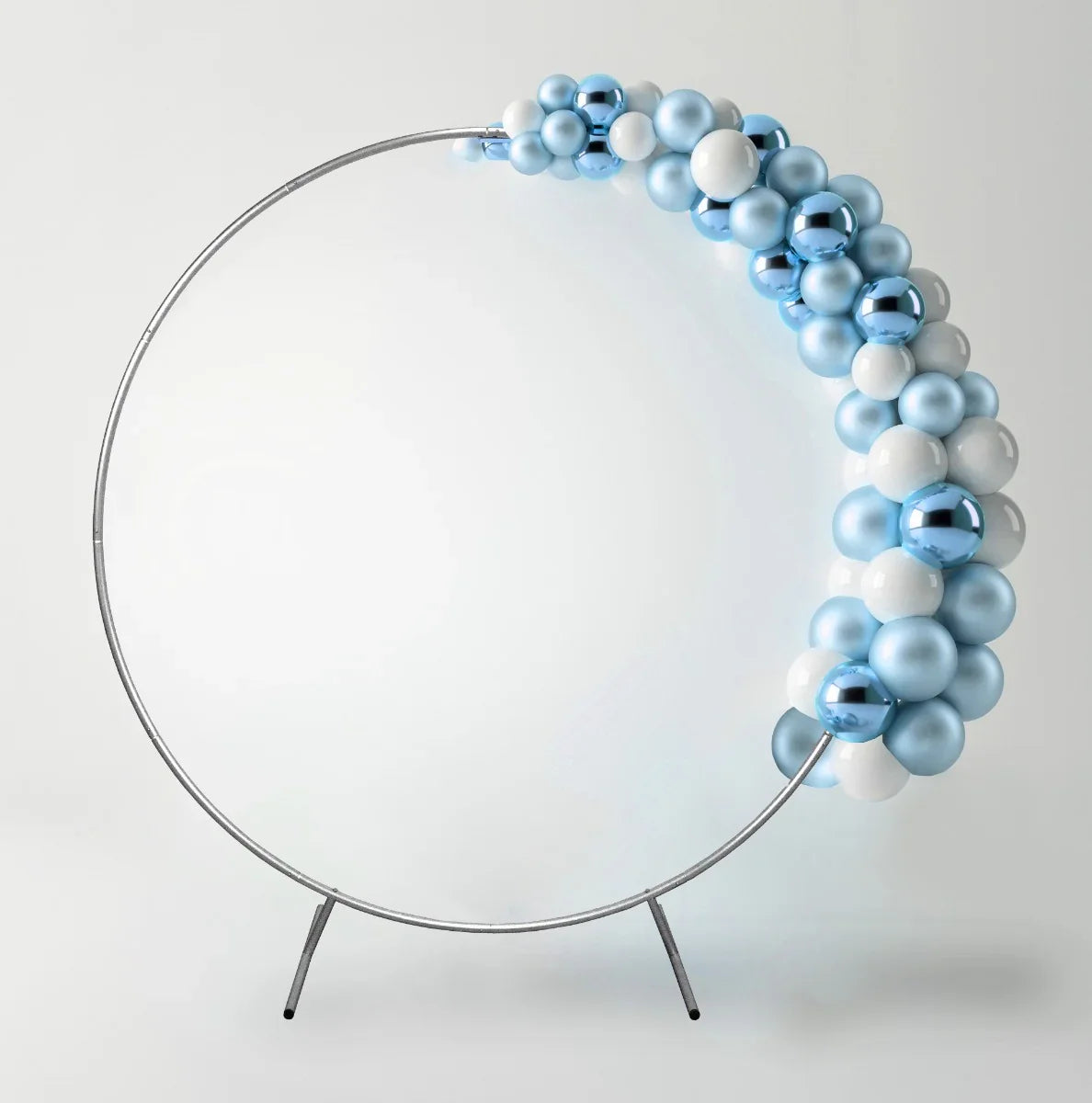 Silver wedding moongate arch, 200cm, adorned with a mix of shiny blue, white, and silver balloons, perfect for ceremonies and events