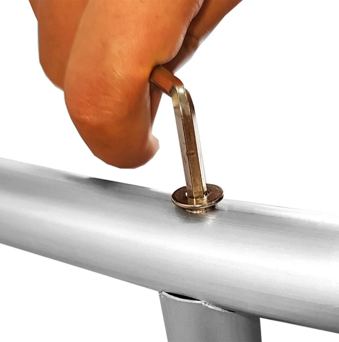 Hand tightening a silver wedding moongate's secure connection, showcasing its sleek metal finish and sturdy design for events