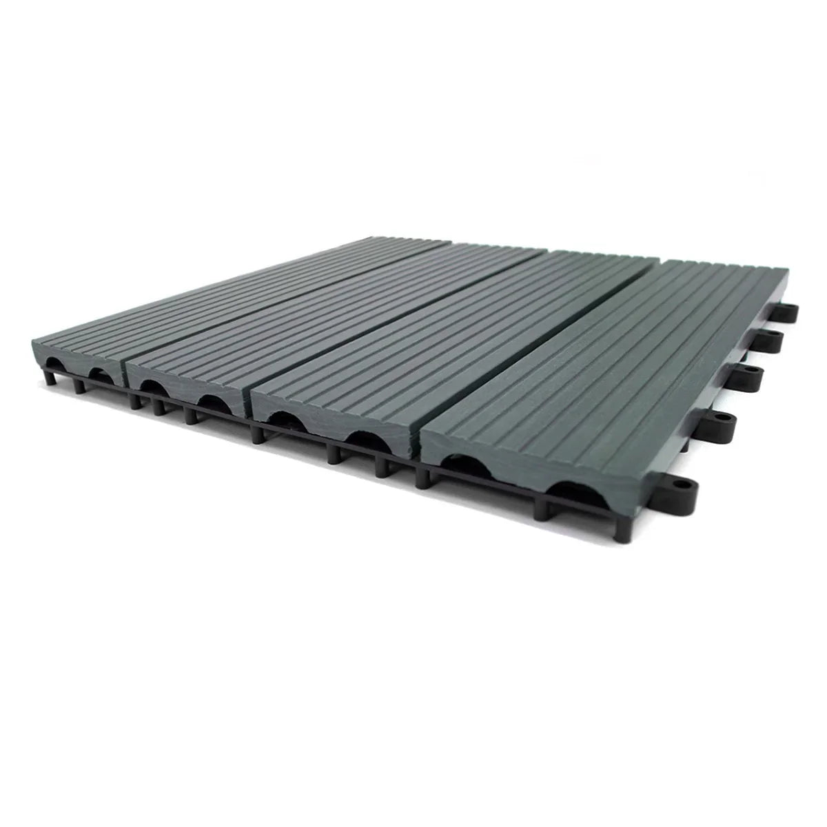 33 x WPC decking floor tiles in grey, featuring a textured surface with grooves, ideal for outdoor patios and balconies