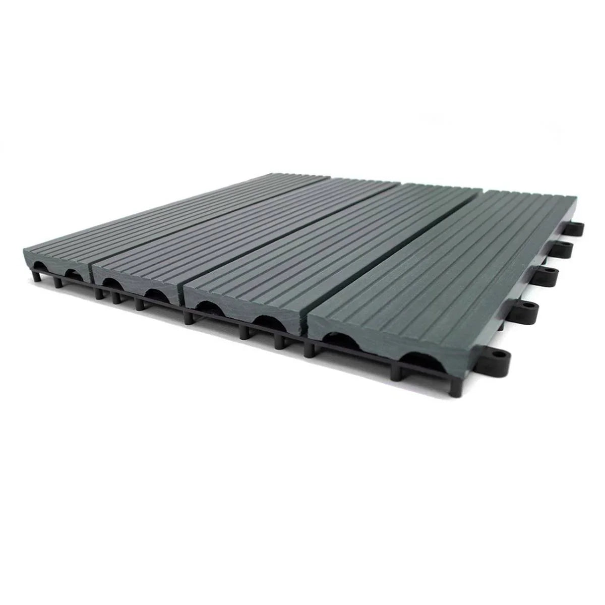 Grey WPC decking floor tiles, 30x30cm, featuring a textured surface and interlocking design for easy installation, ideal for outdoor spaces