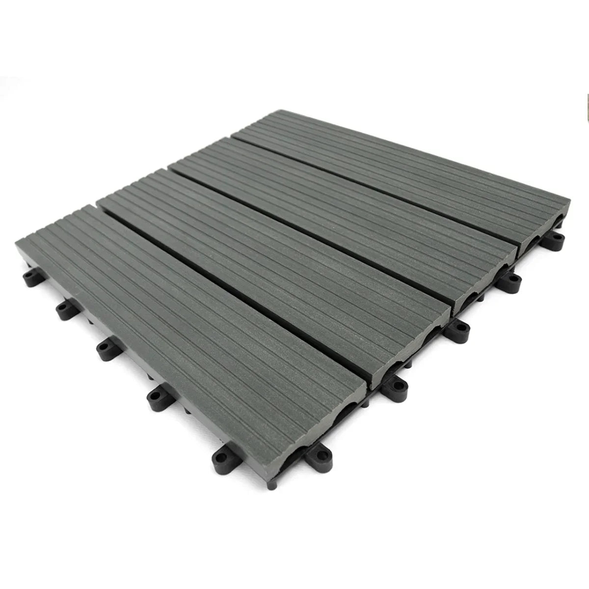 Grey WPC decking floor tiles measuring 30x30cm, featuring a textured surface with grooves for enhanced grip and durability
