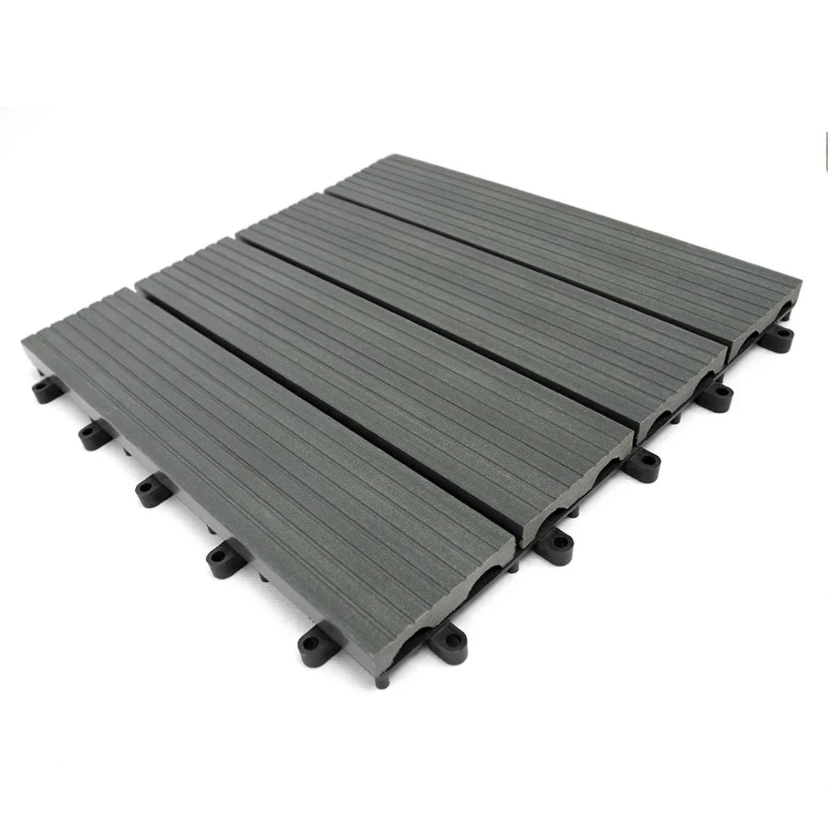 Grey WPC decking floor tiles measuring 30x30cm, featuring a textured surface and interlocking design for easy installation