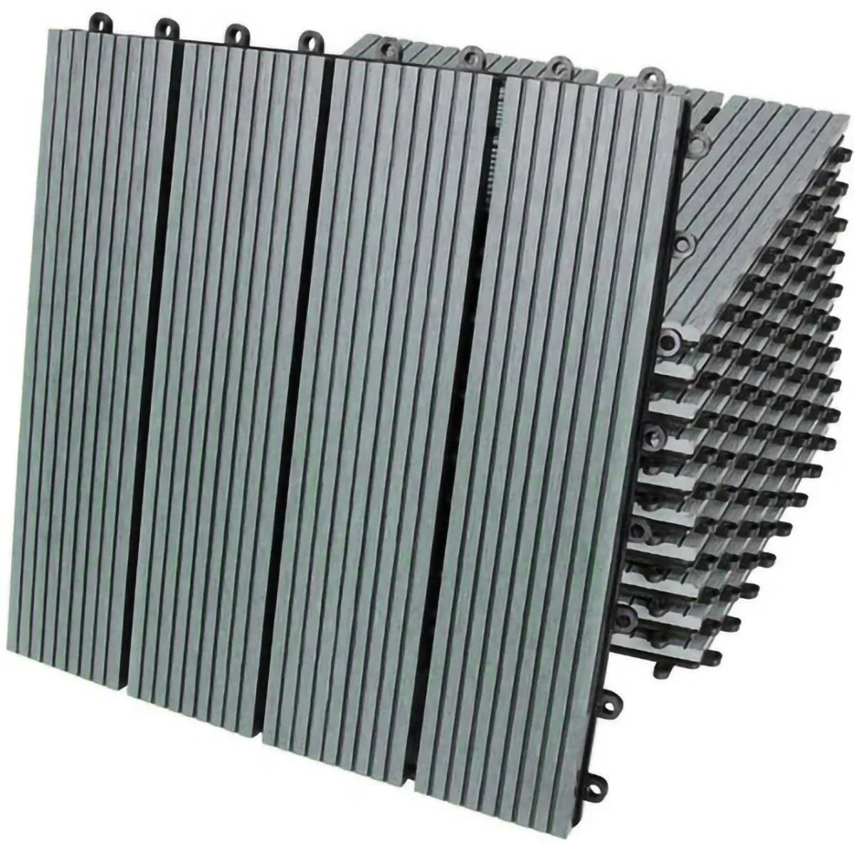 Grey WPC decking floor tiles, 30x30cm, featuring a textured surface and slatted design, ideal for outdoor spaces and patios