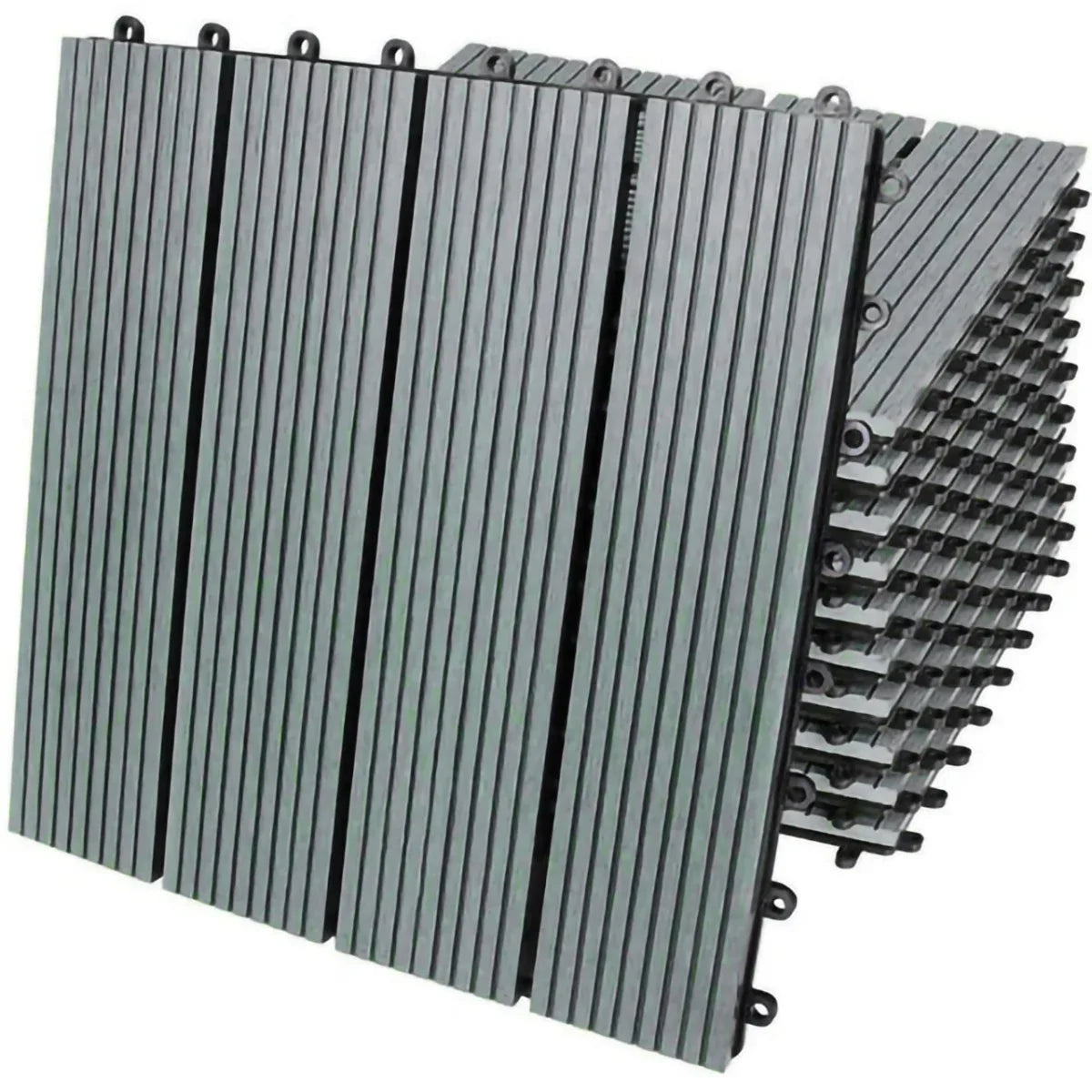 Grey WPC decking floor tiles, 30x30cm, featuring a textured surface and slatted design, ideal for outdoor spaces and patios
