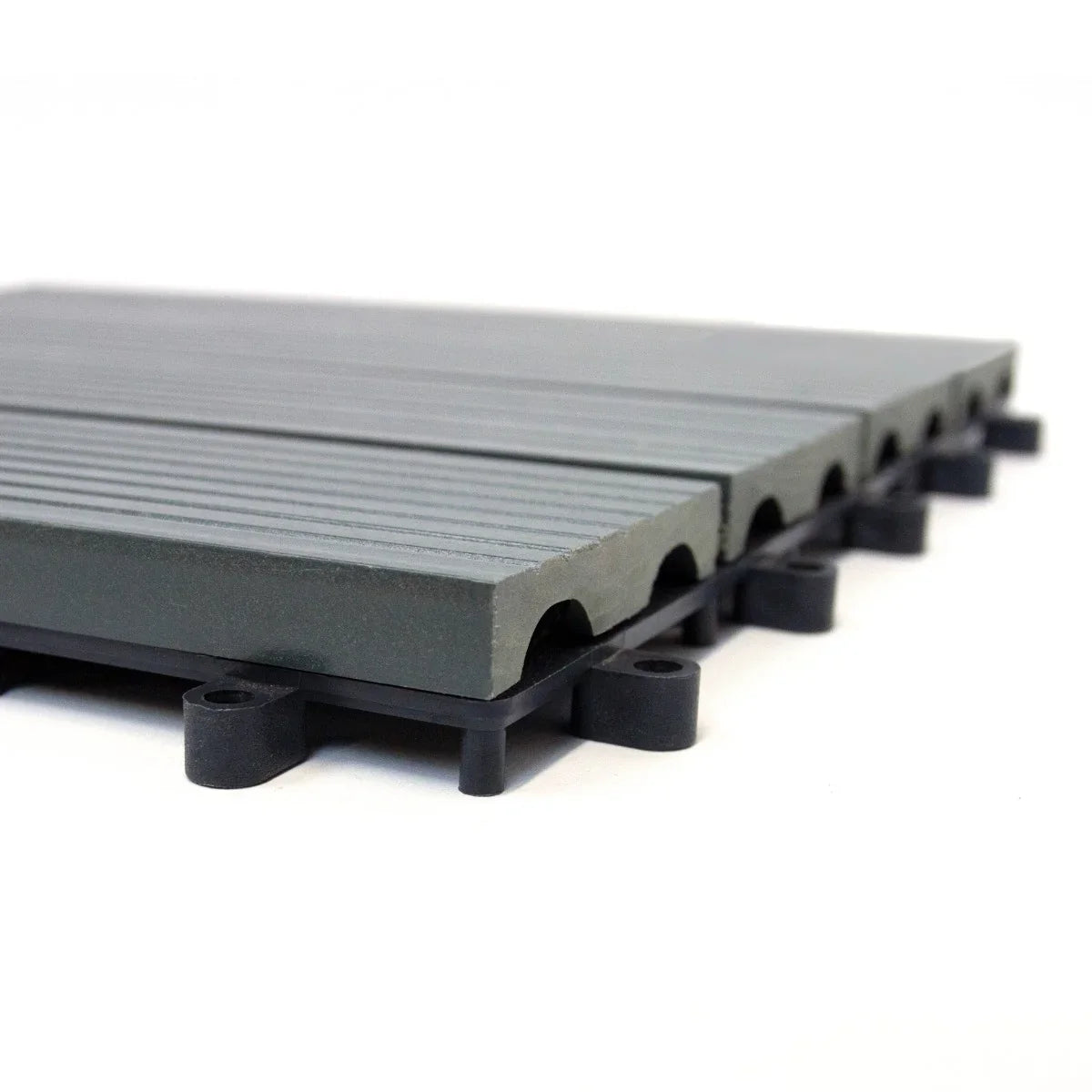 Grey WPC decking floor tiles measuring 30x30cm, featuring a textured surface and interlocking design for easy installation