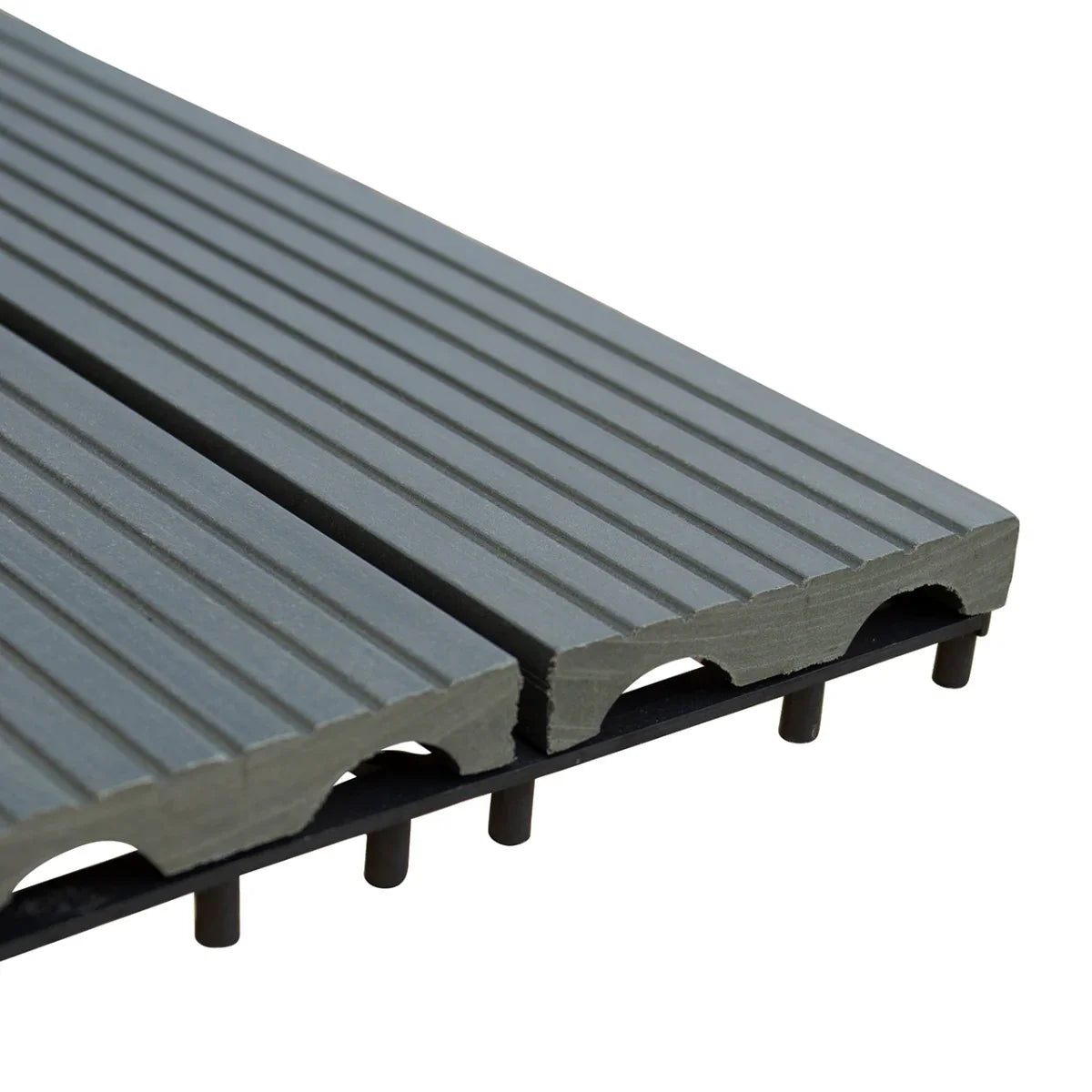Grey WPC decking floor tiles measuring 30x30cm, featuring a ribbed texture and interlocking design for easy installation