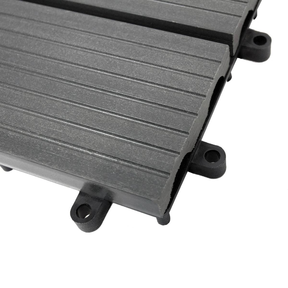 Grey WPC decking floor tiles, 30x30cm, featuring a textured surface and interlocking edges for easy installation and durability