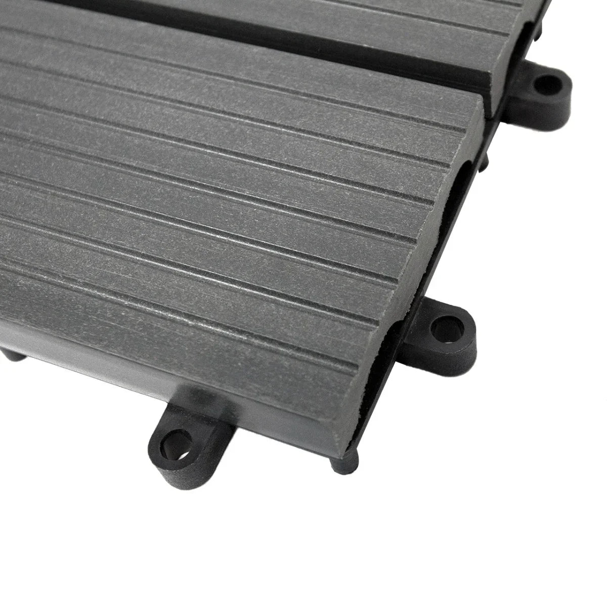 Grey WPC decking floor tiles measuring 30x30cm with a textured surface and interlocking edges for easy installation