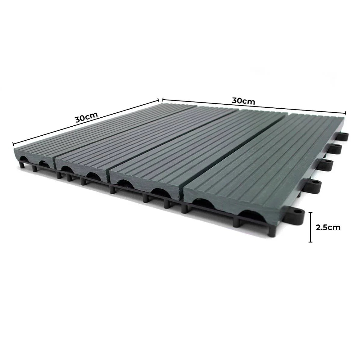 Grey WPC decking floor tiles measuring 30x30cm, featuring a textured surface and interlocking design for easy installation