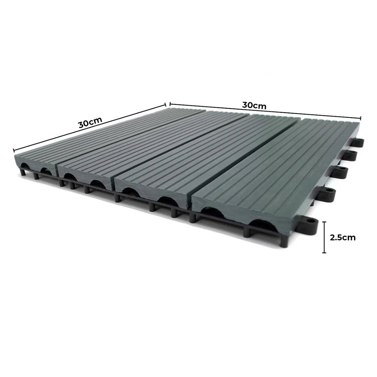 Grey WPC decking floor tiles measuring 30x30cm, featuring a textured surface and interlocking design for easy installation