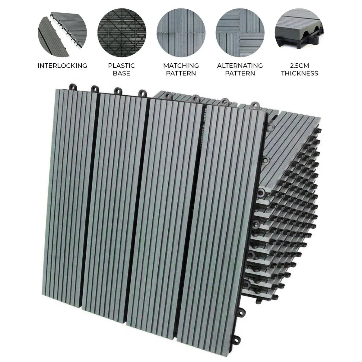 Grey WPC decking floor tiles, 30x30cm, featuring interlocking design, textured surface, and a durable plastic base, ideal for outdoor use
