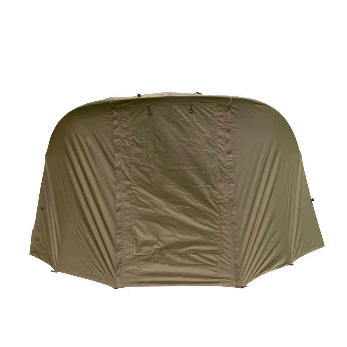 Two-man fishing bivvy in olive green, 300cm wide, featuring a durable overwrap and a spacious, weather-resistant design
