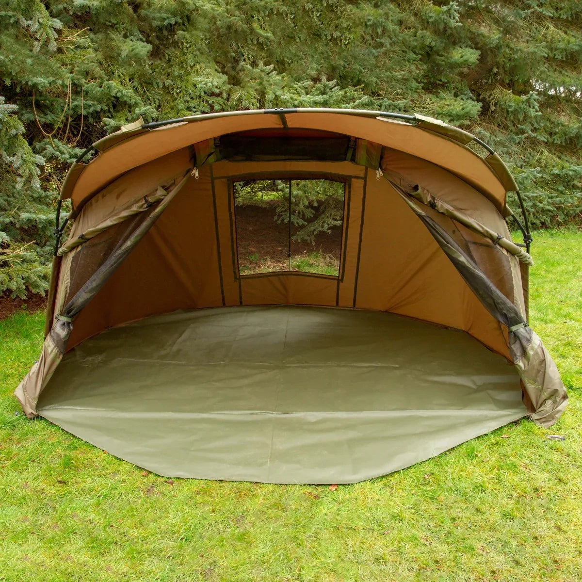 Spacious 2-man fishing bivvy in olive green, featuring a sturdy overwrap, large front window, and durable waterproof material