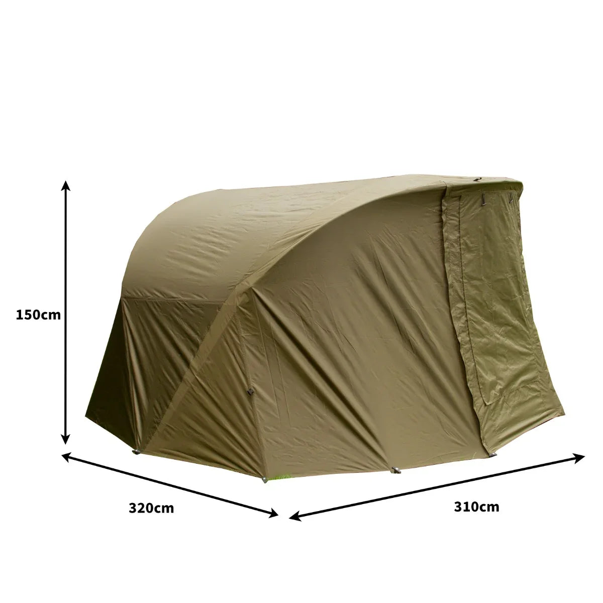 Two-man fishing bivvy in olive green, spacious design with dimensions 320cm x 310cm x 150cm, featuring a durable overwrap for weather protection