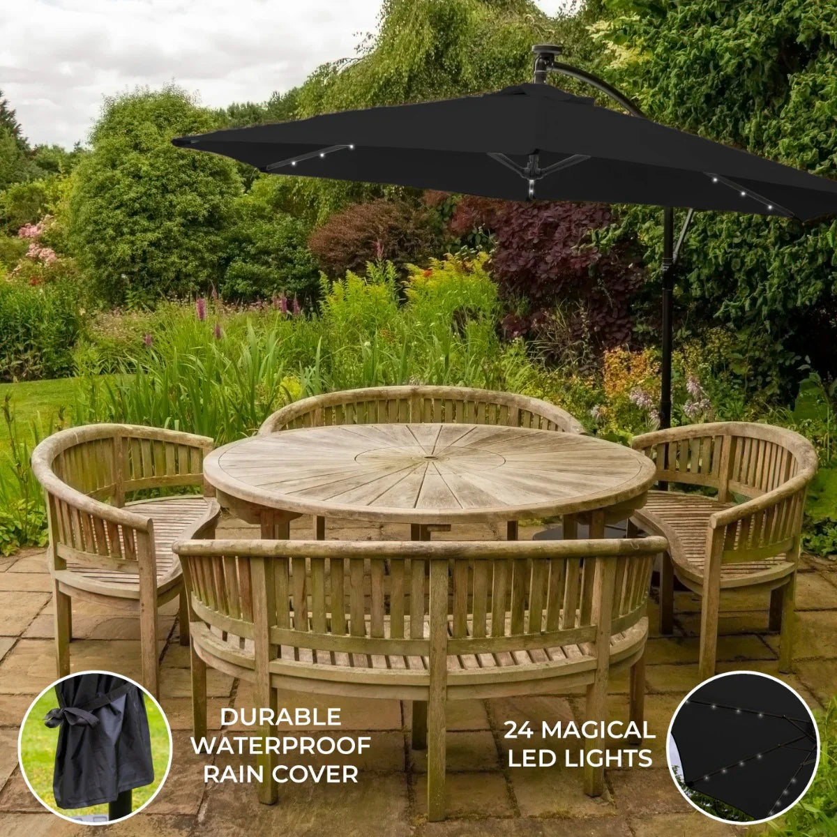 Black 3m LED cantilever parasol with waterproof cover, featuring 24 warm LED lights, shading a wooden garden table and chairs