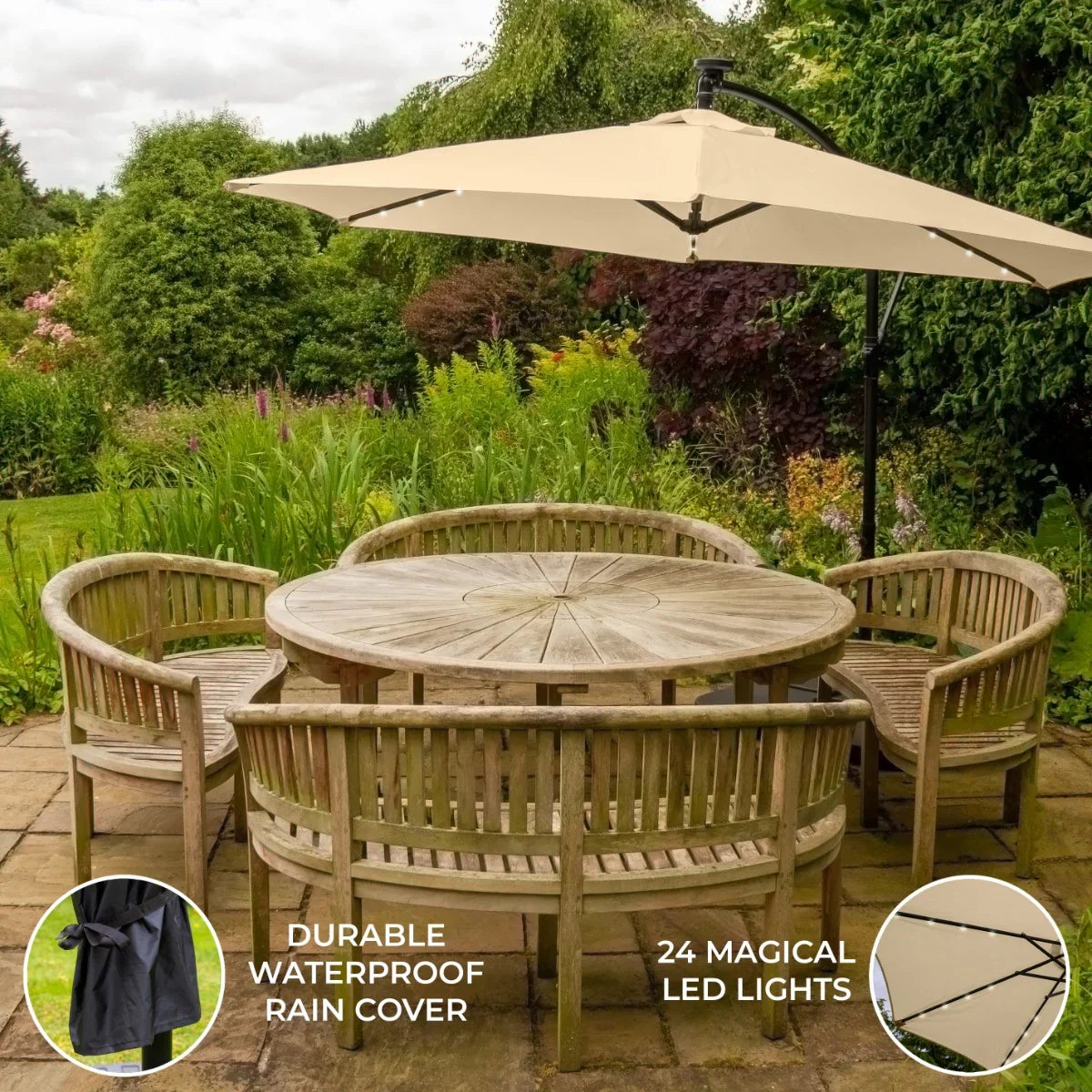 Beige 3m LED cantilever parasol with waterproof cover, illuminating 24 LED lights, positioned over a wooden garden table and chairs