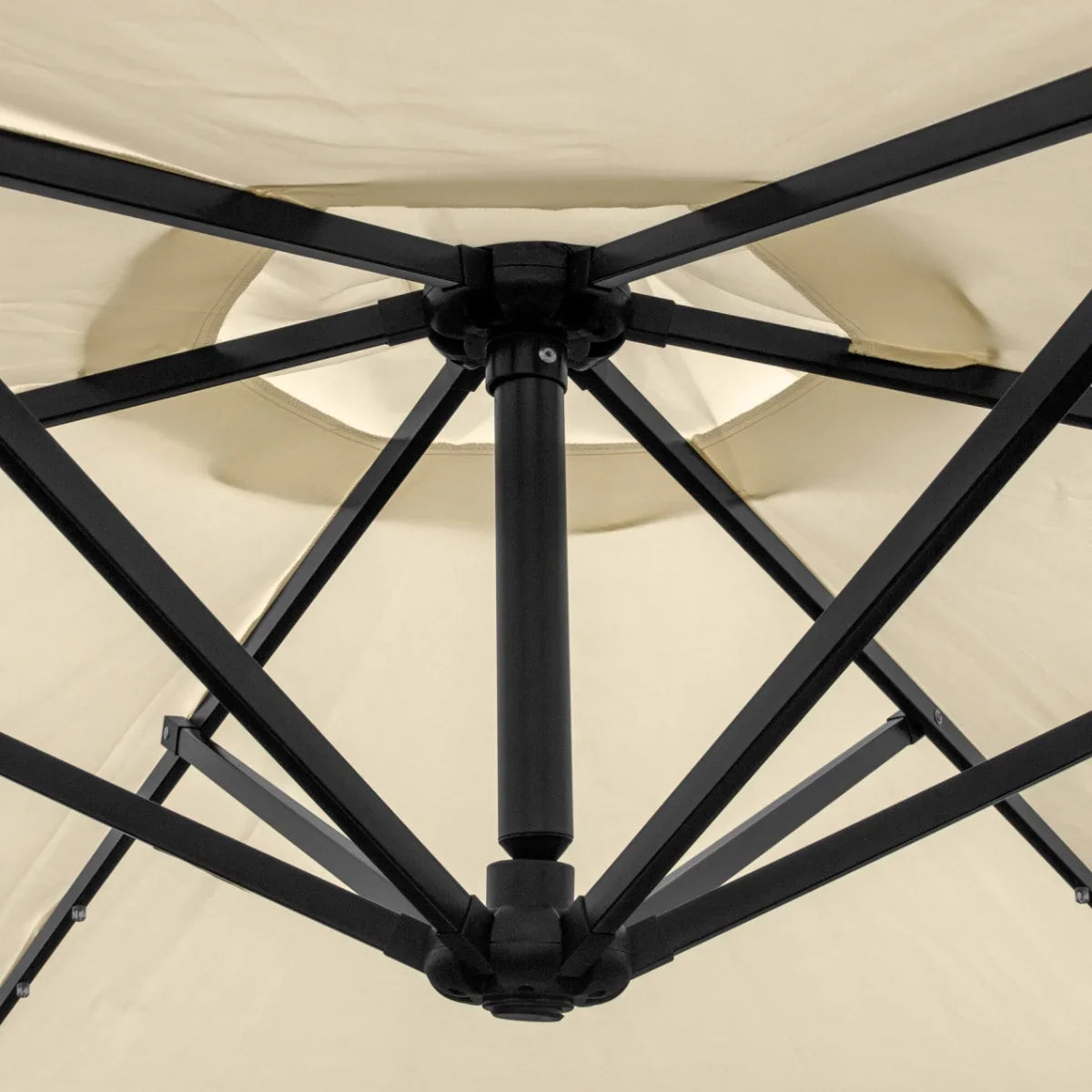 Cream 3m LED cantilever parasol showcasing a sturdy black frame and a spacious, textured cream canopy with a central vent