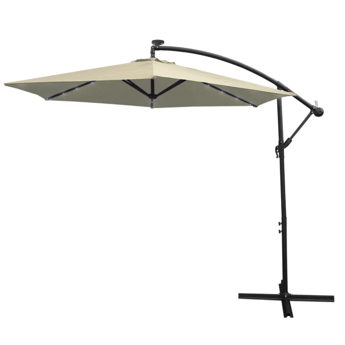 Cream 3m LED cantilever parasol with a sturdy black frame and a large, square canopy, perfect for outdoor shade and relaxation
