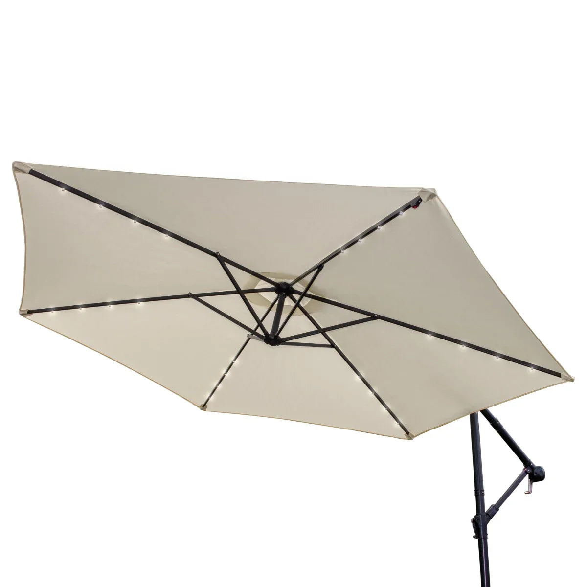 Cream 3m LED cantilever parasol with a spacious canopy, featuring integrated lights and a sturdy black frame for outdoor use