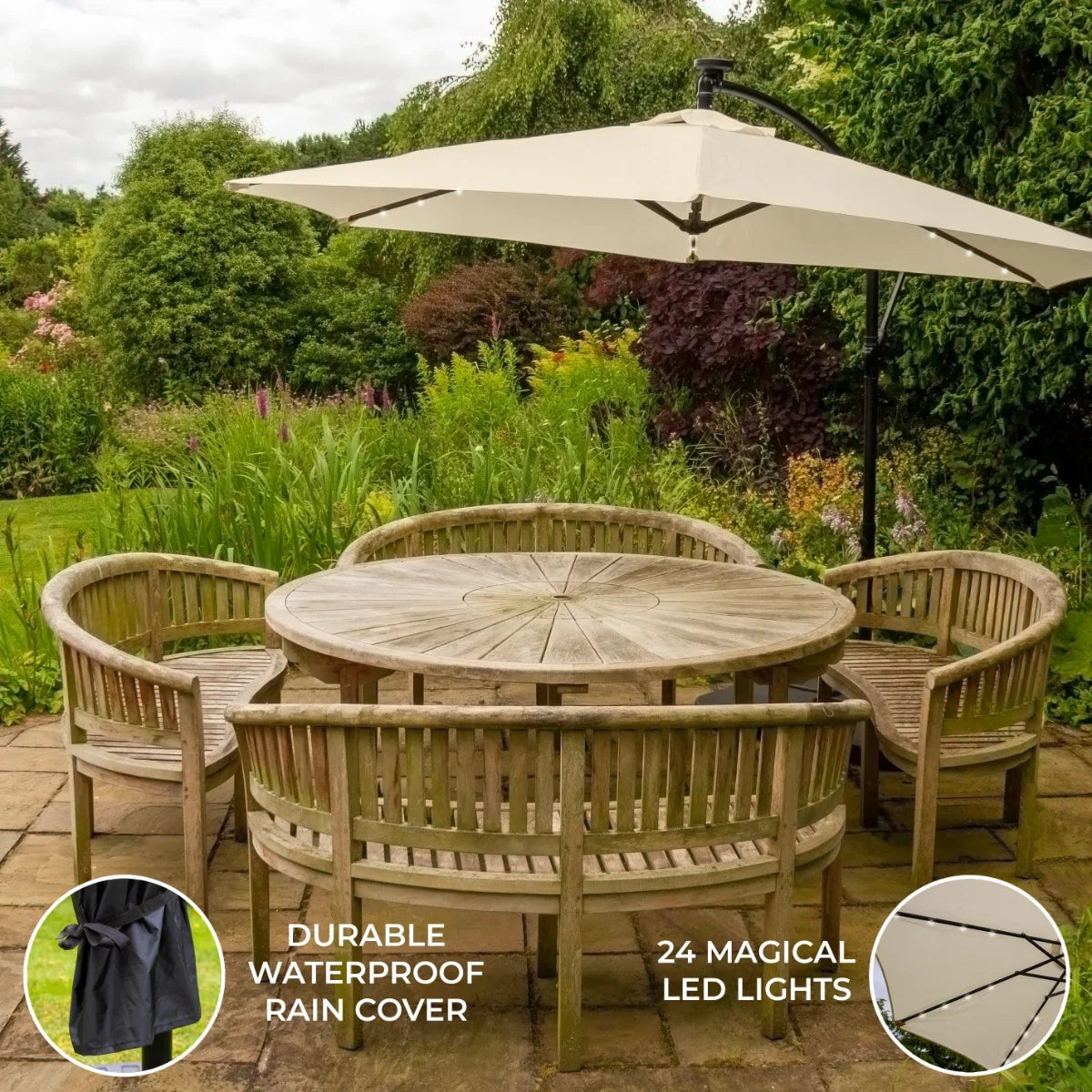 Cream 3m LED cantilever parasol with a durable waterproof cover, featuring 24 integrated LED lights, set over a wooden patio table and chairs