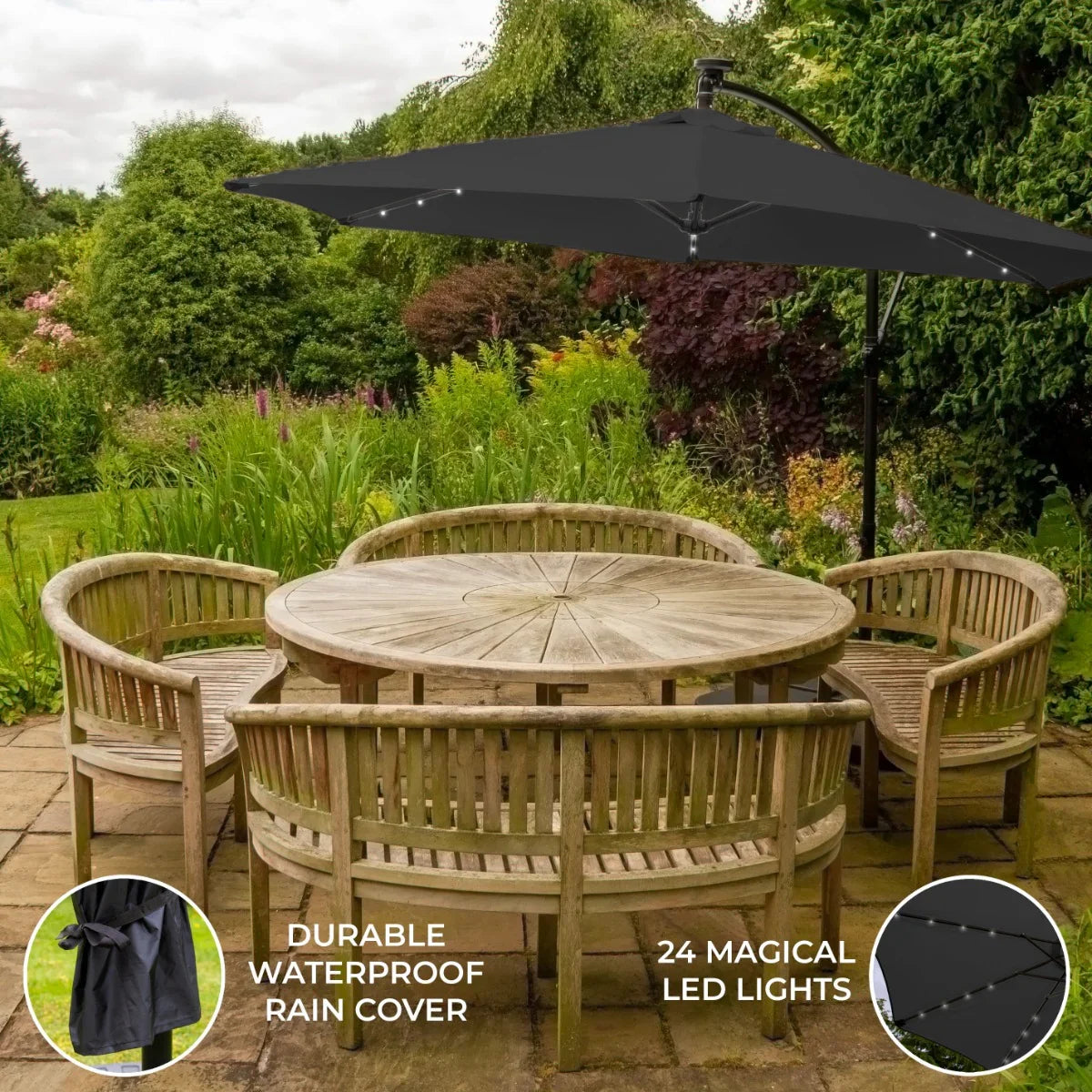 Grey 3m LED cantilever parasol with waterproof cover, featuring 24 LED lights, set over a wooden garden table and chairs in a lush outdoor setting