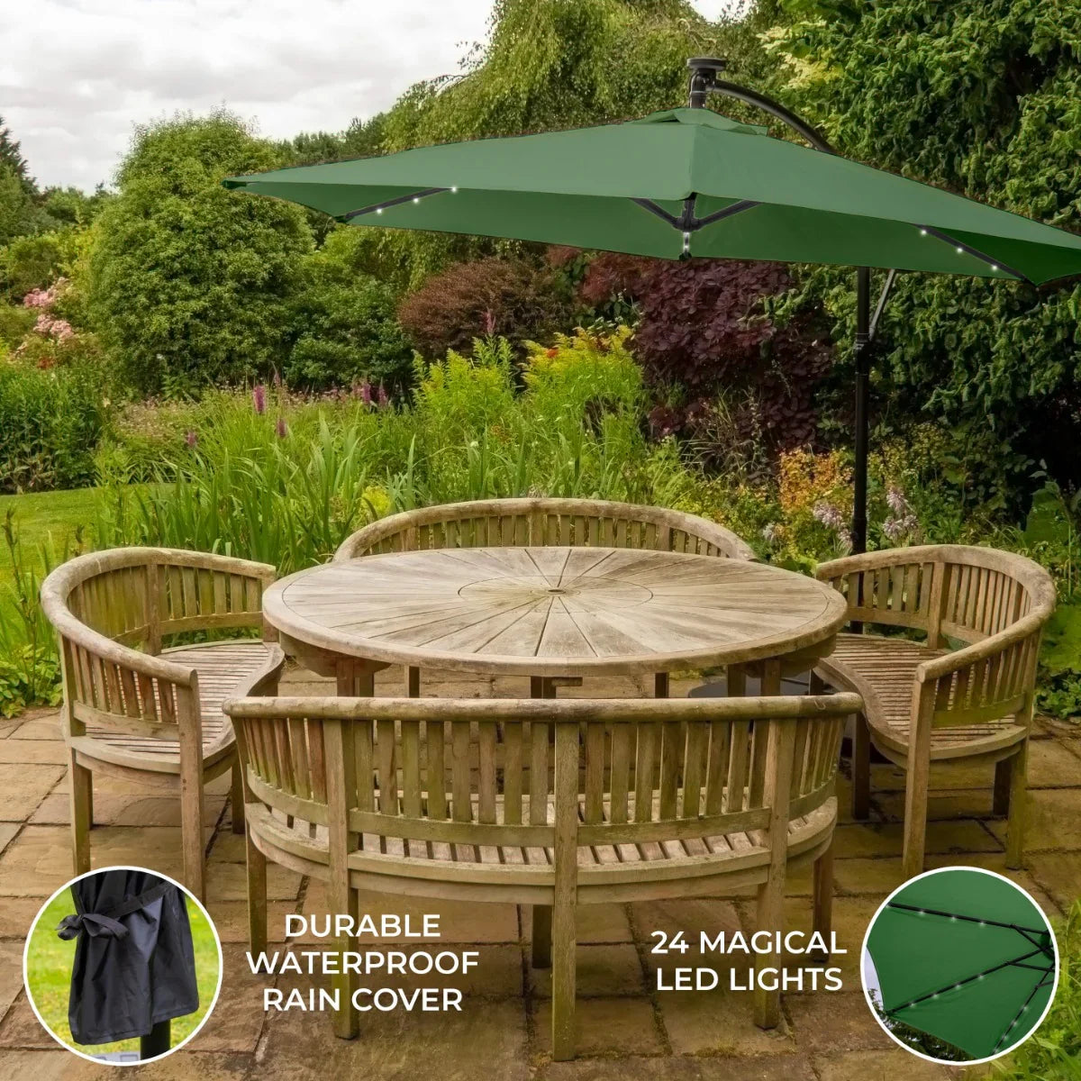 Green 3m LED cantilever parasol with a waterproof cover, featuring 24 integrated lights, set over a wooden garden table and chairs
