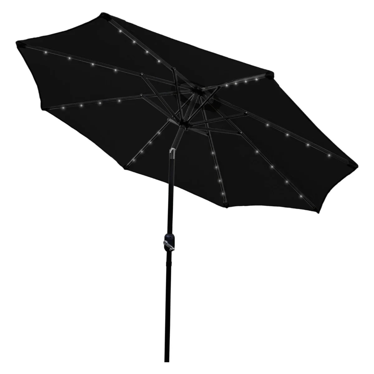 Black 2.7m LED tilt parasol featuring a sleek design, sturdy frame, and integrated lights for outdoor illumination and shade
